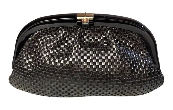 American Vintage Reghi Italy x Cara 60s Black Intrecciato Leather Oversized Clutch w/Hardshell Lucite Frame - Image 3