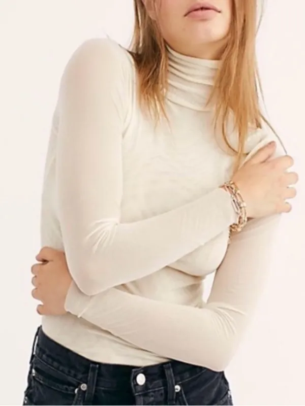 Free People Double Layer Mesh Turtleneck Top in Ivory and size medium - Image 5