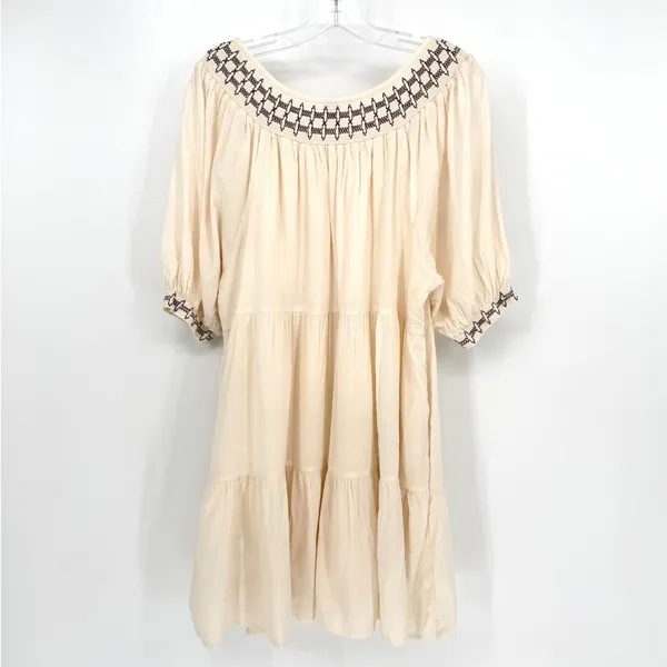 Old Navy Tiered‎ Mini Dress Womens Large Cream Boho Smocked Embroidered Peasant - Image 8