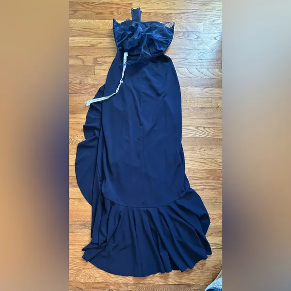 Lucy in the Sky Strapless Navy Back Bow Corset Maxi Dress - Image 3