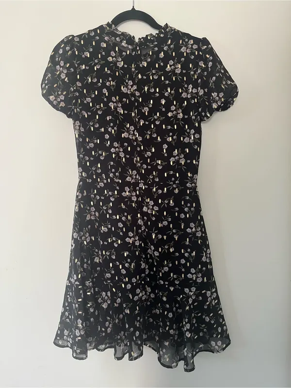 Black Pink Dainty Floral Chiffon Puff Sleeve Mini Dress Small Romantic Tea Party - Image 8