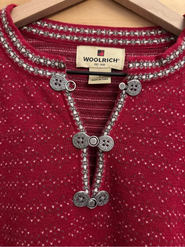Vintage Woolrich Large Red Fair Isle Nordic Metal 1/4 Clasp Henley Sweater - Image 4