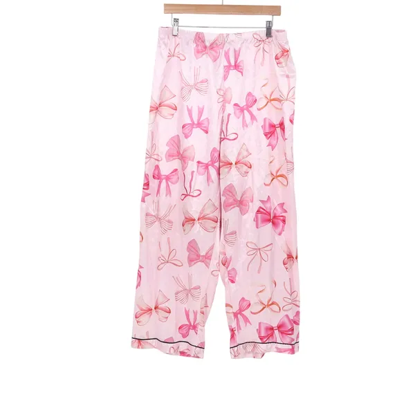 SHEIN Pajama Set Womens 2XL Bow Print Pink Button-Down Satin Long Sleeve Exc - Image 5