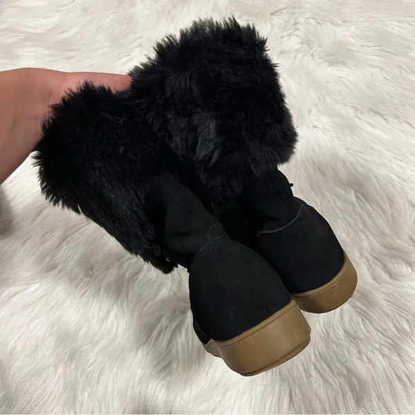 Lands End Black Suede Faux‎ Fur Trim Winter Wedge Boots 420483 US 7B - Image 9
