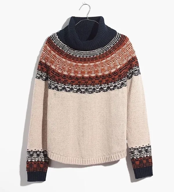 Madewell Brookdale Fair Isle Turtleneck Sweater Navy Orange Fall Small Autumn - Image 7