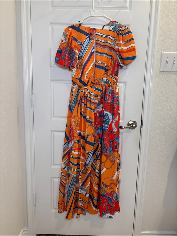 Orange Scarf Print Boho Maxi Dress Flutter Sleeve Resort Vacation S L’atiste - Image 4