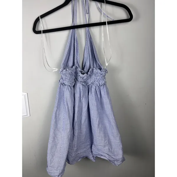 ZARA Blue Striped Halter Mini Dress XS | Blogger Favorite Smocked Waist Seersuck - Image 3