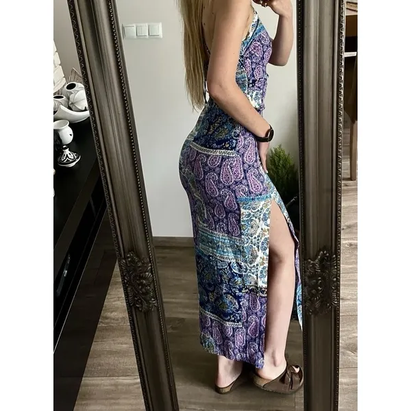 ZARA WOMAN PATCHWORK PRINT LINEN MAXI DRESS Twist Cross-BACK Size S High Slit - Image 14