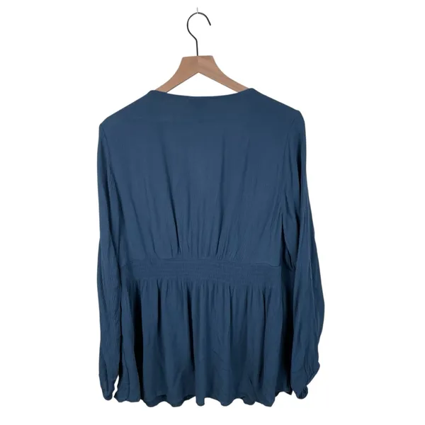 Torrid Blue Gauze Babydoll Top Size 2X Smocked Long Sleeve V-Neck Button Front - Image 3
