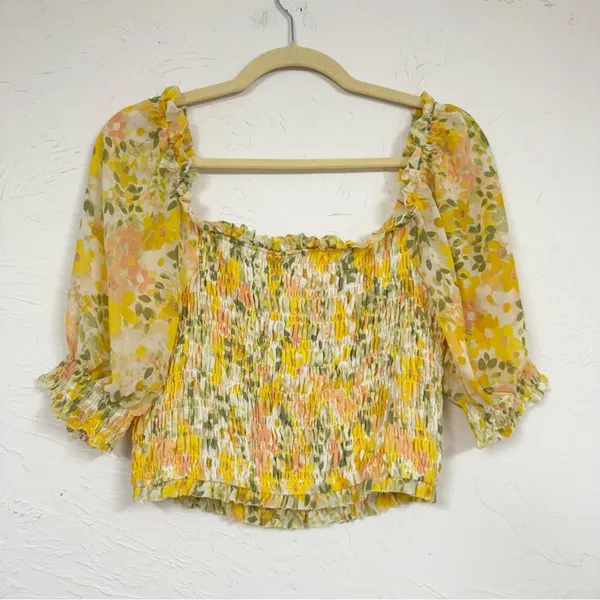 Astr Yellow Ditsy Floral Puff Sleeve Blouse Womens M Smocked Romantic Coquette - Image 8