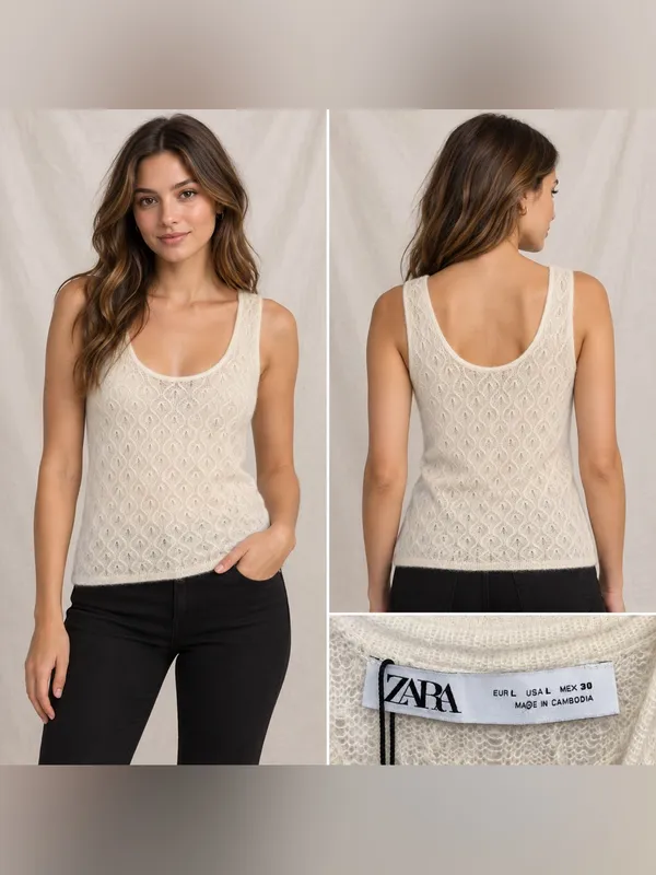 Zara Wool Alpaca Pointelle Knit Tank Top Women’s L White Sleeveless NWT - Image 2