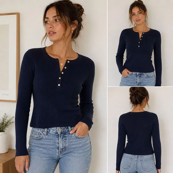 Abercrombie & Fitch Ribbed Henley Top Navy Long Sleeve Size M - Image 2