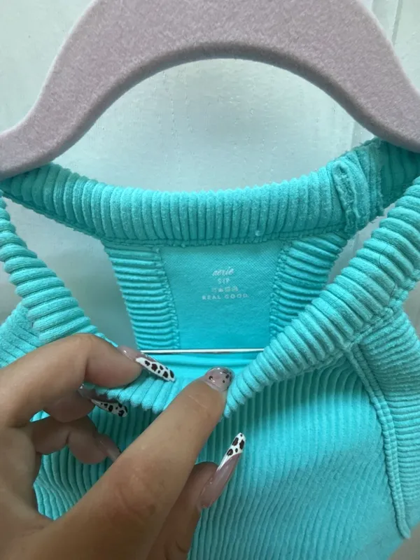Aerie Real Good Seamless Ribbed Halter Crop Tank Top Teal Green Size S - Image 2