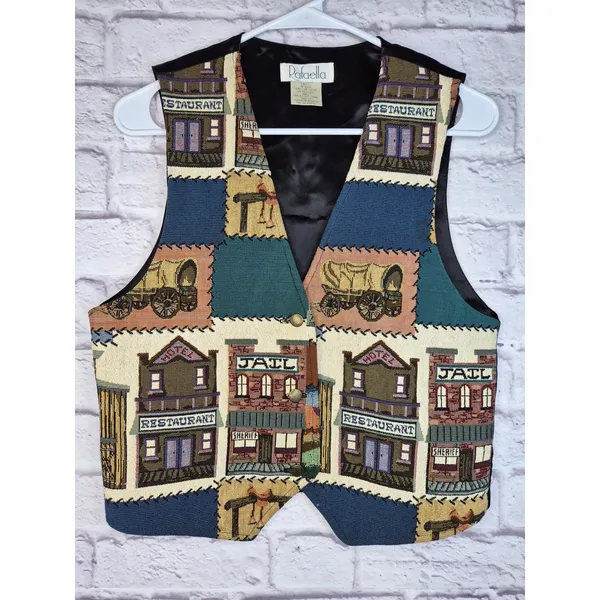 Vtg 90s Rafaella Western Tapestry Vest Small Cowboy Saloon Jail Wagon Waistcoat - Image 2