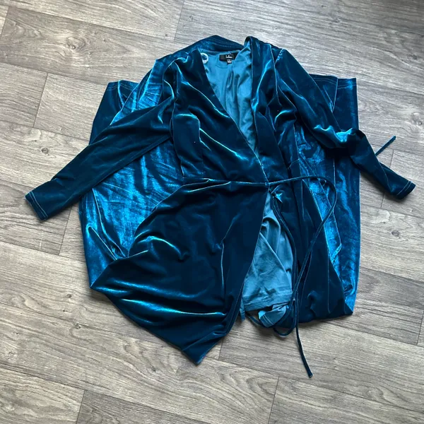 Jacinda Teal Blue Velvet Wrap Maxi Dress - Image 4