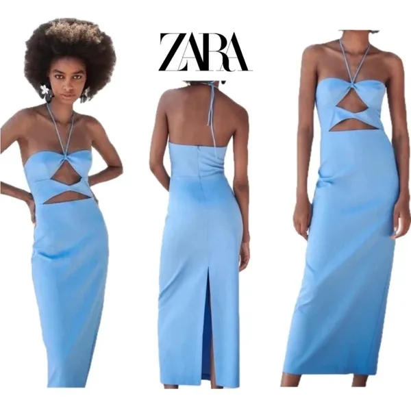 Zara Blogger Favorite Blue Cut-out Halter Top Bodycon Midi Dress Sz L - Image 2