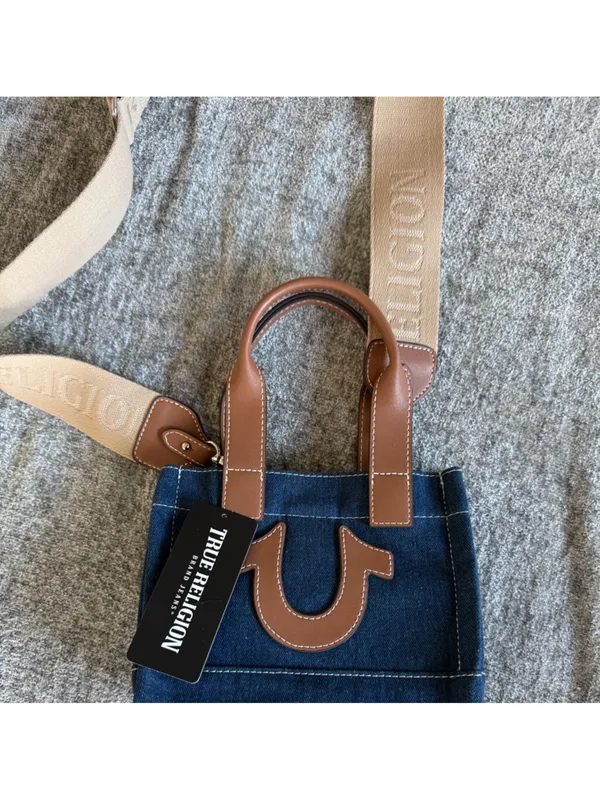 True Religion Navy Denim Mini Tote with Brown Leather Accents - Image 3