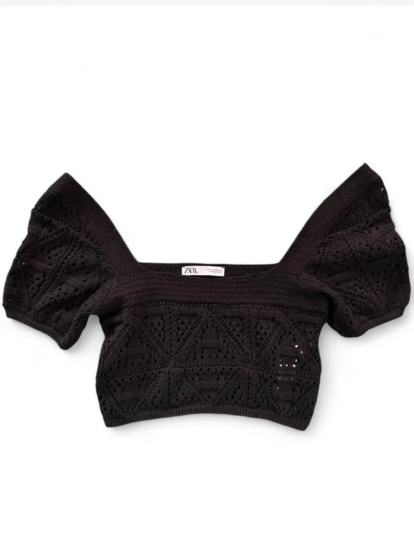 Zara dark olive green knitted crop top with off shoulder short sleeves & square neckline - Image 2