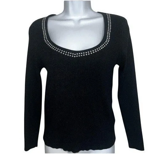 NANETTE LEPORE Black‎ Silver-tone Studded Scoop Neck Ribbed Knit L/S Top NWOT S - Image 2