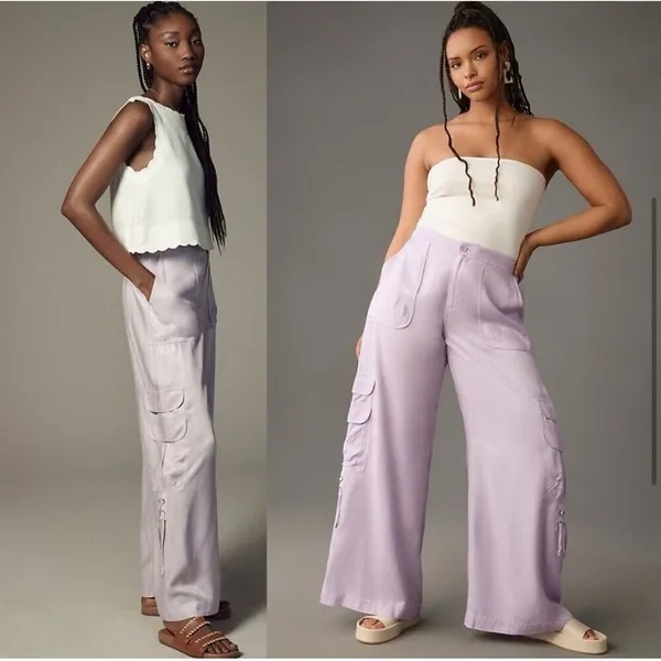 By Anthropologie Palazzo Utility Pants Cargo Wide Leg Lilac Purple Pull On Sz 10 - Image 6