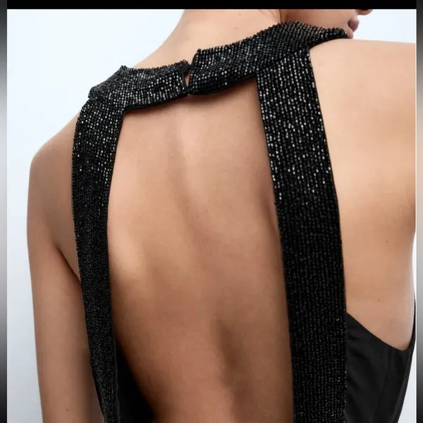 Zara Women'S V-Neck Open Back Applique Long Beaded Dress Black New 5919/906 Sz S - Image 4