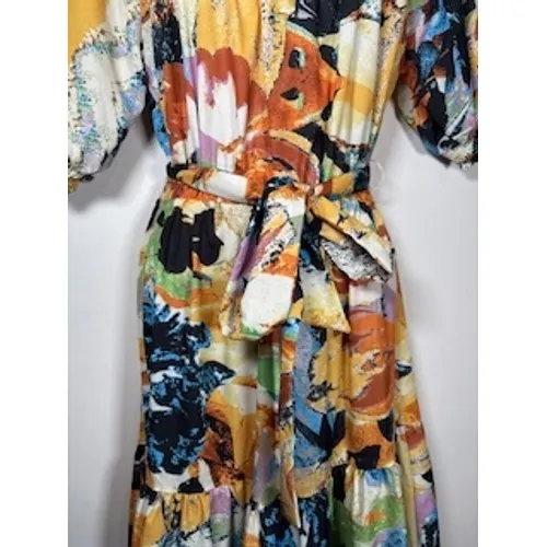 FLYING TOMATO Midi Dress Small Abstract Floral Tiered Boho Puff‎ Sleeve Art Belt - Image 4