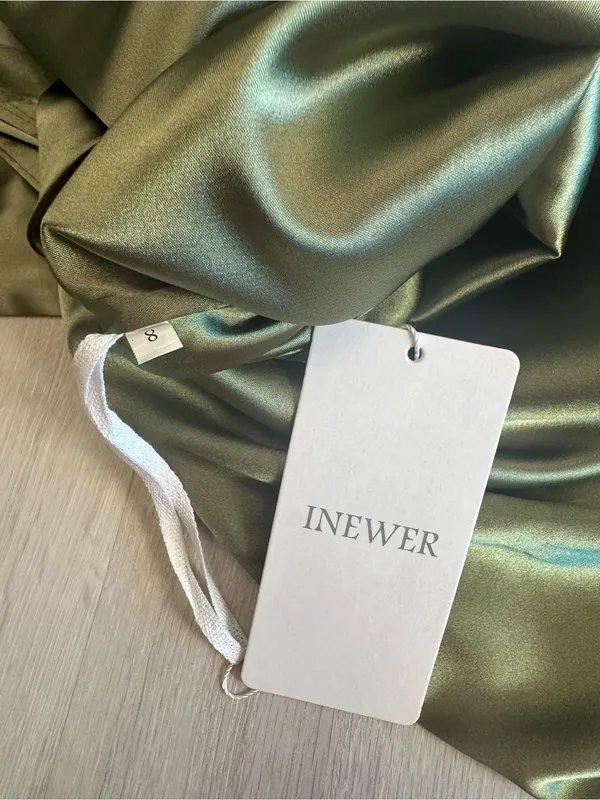 Inewer Backless Halter Puddling Floor Length Satin Gown Olive Green Size 8 NWT - Image 8