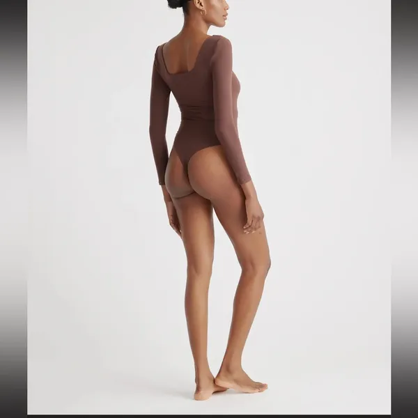 NWOT Quince Second Skin Square Neck Long Sleeve Cocoa Brown Bodysuit Sz XS - Image 6