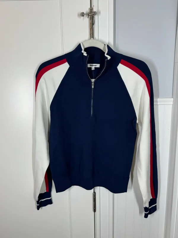 Madewell Womens Colorblock Quarter Zip Raglan Sweater Navy Red White Small NWT - Image 2