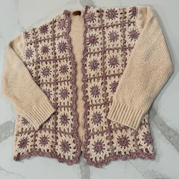 POL Chenille Granny Square Crochet Knit Cardigan Sweater Women’s Medium Vanilla - Image 2
