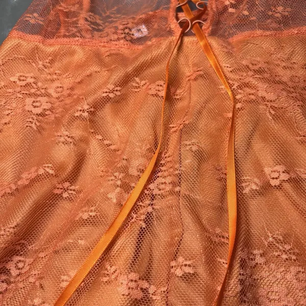 Orange Lace Halter Nighty Sheer Mesh Lace Up Front Ruffle‎ Hem Size M Boho Sexy - Image 8