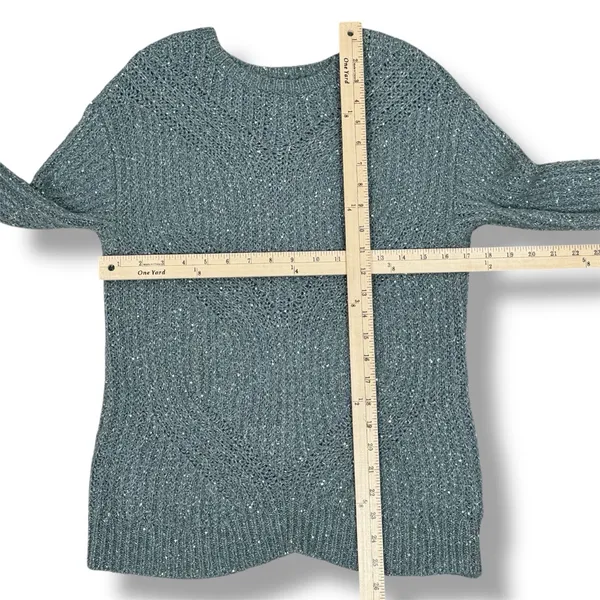 Nine West Scalloped Sleeve‎ Sequin Shimmer Sweater Sage Green Silver XS - Image 11