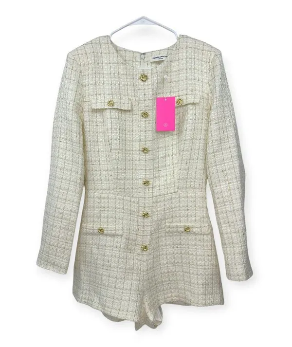 Amanda Uprichard | NWT | M | White with Gold Accent Tweed Fallon Romper - Image 3