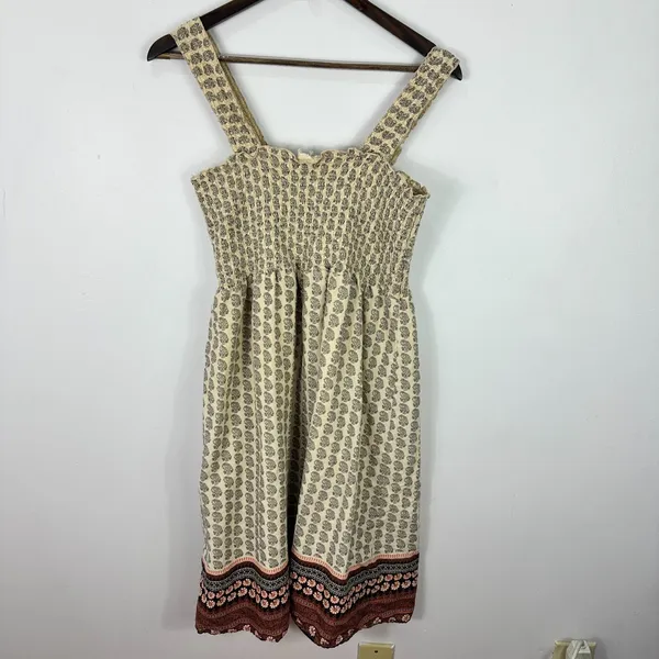 Boho Smocked Paisley Sundress Womens M Cream Black Block Print Mini Prairie‎ - Image 7
