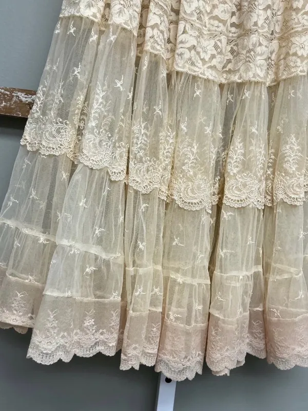 Vintage Boho Fairycore Lace Mesh Tiered Midi Skirt Cream Ivory Sheer Romantic S - Image 5