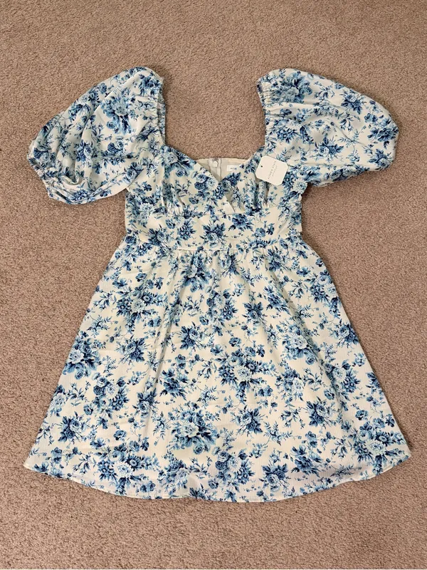 Altar’d State NWT Blue Floral Puff Sleeve Babydoll Mini Dress Medium Cottagecore - Image 2