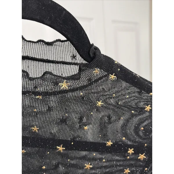 Celestial Star Mesh Top Womens Size S Black Gold Foil Y2K Sheer Mock - Image 2