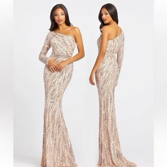 MAC DUGGAL 4982 EMBELLISHED ONE SLEEVE W/ SEQUIN BELT ROSE GOLD GOWN sz 8 - Image 3