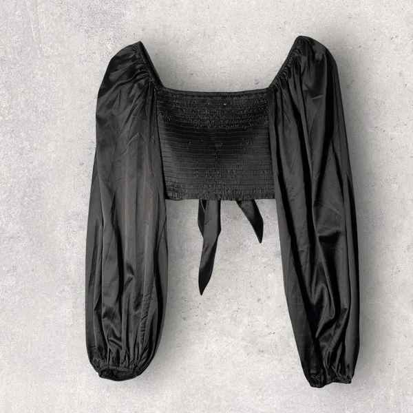 NEW She + Sky Black Crop Top‎ Tie Front Womens S Long Sleeve Blouse Dressy Party - Image 2