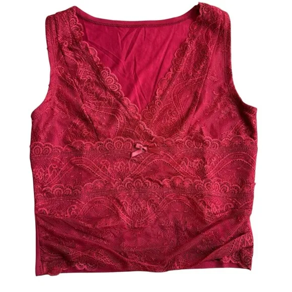 Cider Women's‎ Size S Lace Tank Top Burgundy Red Plunge Neck Y2K Euro Crop - Image 3