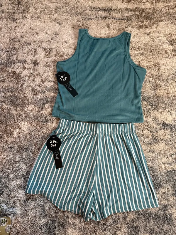 Diva Teal Ribbed Tank & Striped Shorts Set Green - Image 7