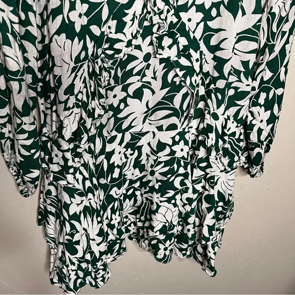 Free People‎ Rebecca Floral Green White Ruffle Tiered Long Sleeve Mini Dress - Image 5