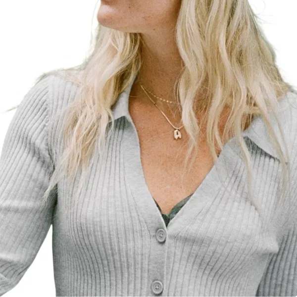 Aerie NWT Women’s Size S Heather Gray Gotta Jet! Ribbed Knit Button Polo Sweater - Image 3