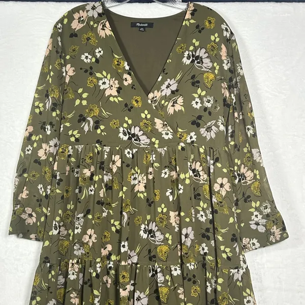 Madewell Women‎ Olive Green Floral Tiered V-Neck Midi Dress XXS Long Sleeve - Image 8