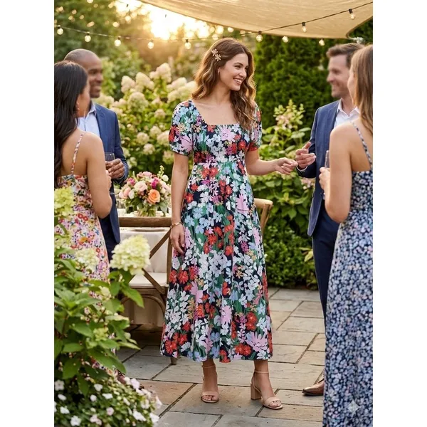 Old Navy Blue Floral‎ Puff Sleeve Smocked Back Midi Dress Pockets Medium Cottage - Image 3
