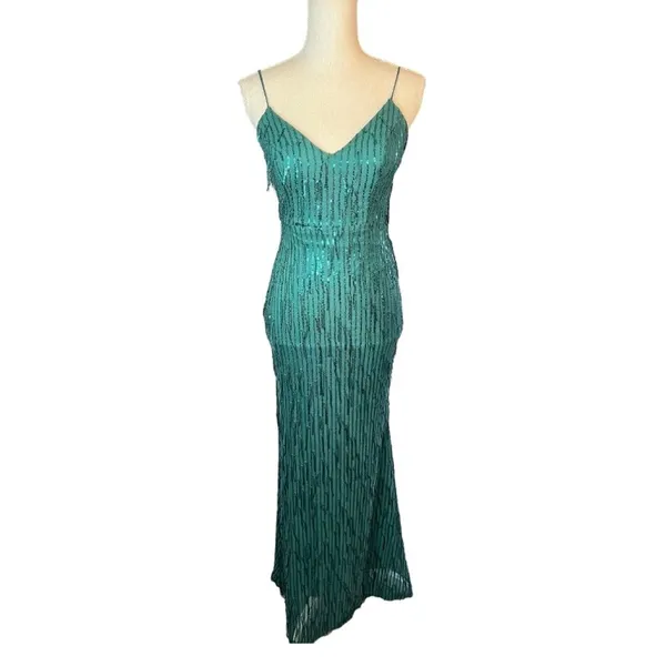 City studio green sequin gown formal prom emerald gala sleeveless fringe - Image 2