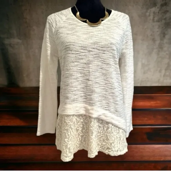 Cloth & Portrait White Knit Long Sleeve Top Floral‎ Lace Hem Tunic Small - Image 2