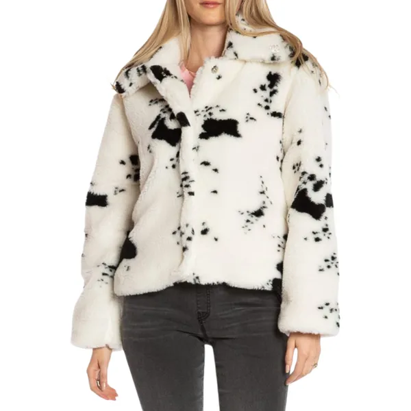 Juicy Couture Women’s Spotted Faux Fur Jacket White Black Cow Print Large Coat - Image 3