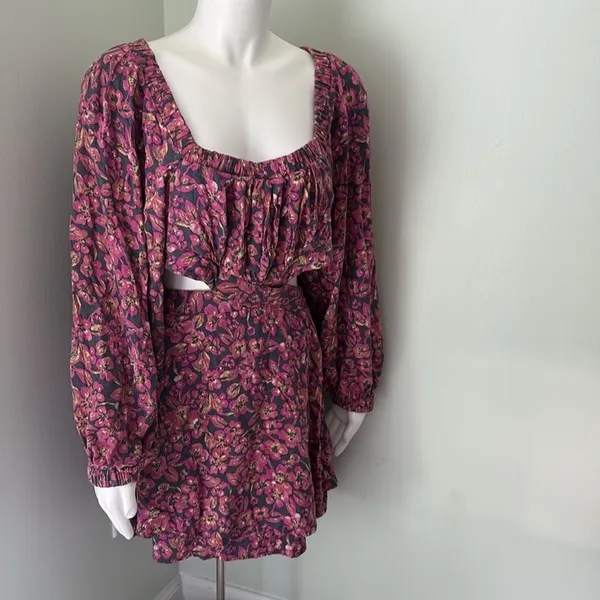 Free People Jeal Bohemian Floral Cutout Dress Pink Long Sleeve Dress Medium - Image 4