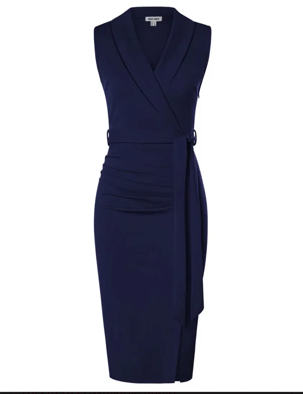 GRACE KARIN Women's Wear to Work Sleeveless Ruched Bodycon Office Pencil Midi Dresses with Belt - Image 3